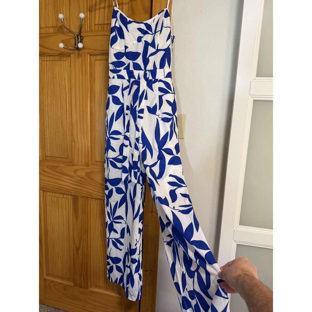 Summer Tall M Blue White Leaf Print Wide Leg Jumpsuit Tie Waist Pockets Women's